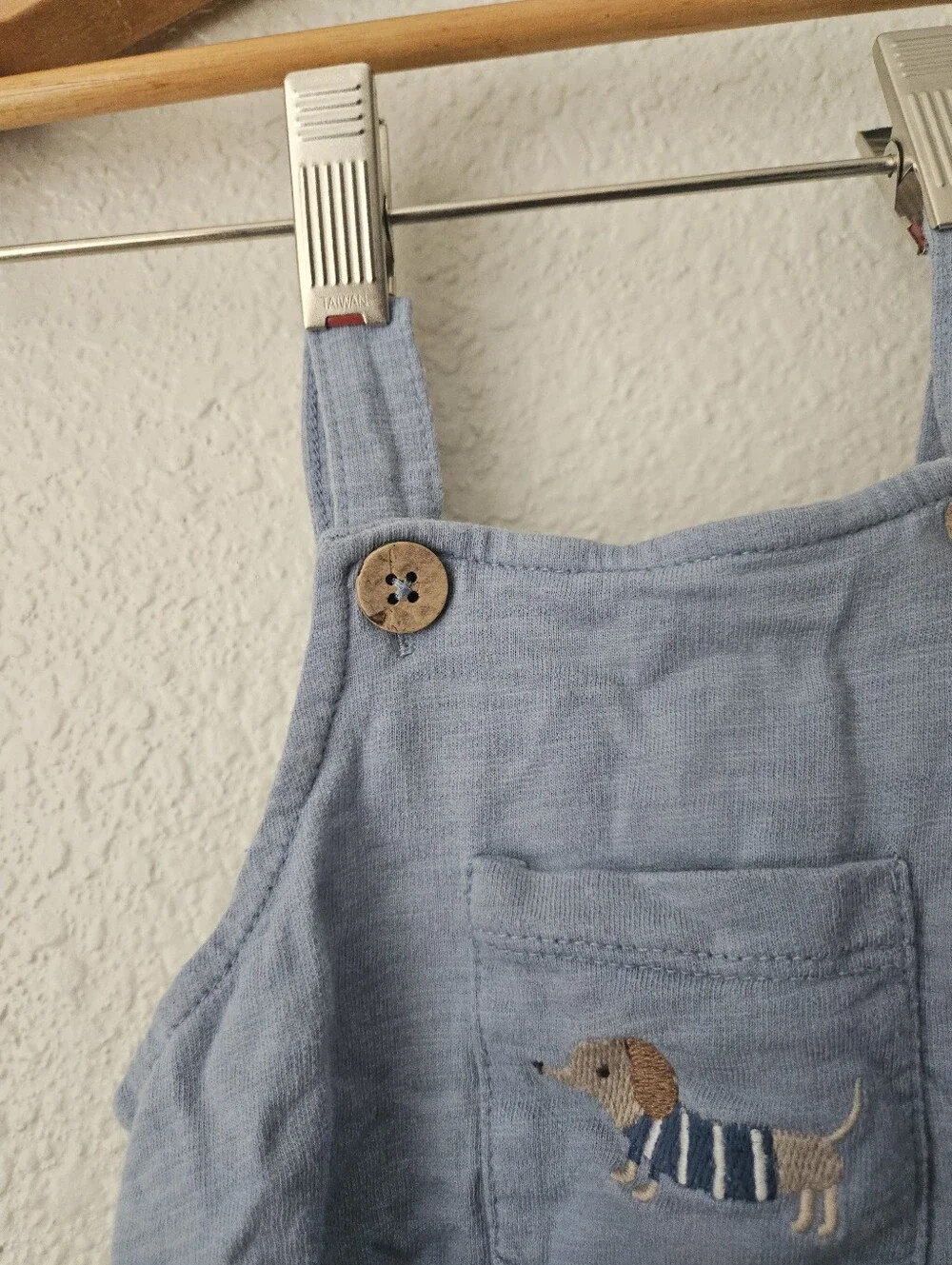 rabbit + bear 100% organic cotton blue overalls with embroidered dog, 6-9 months